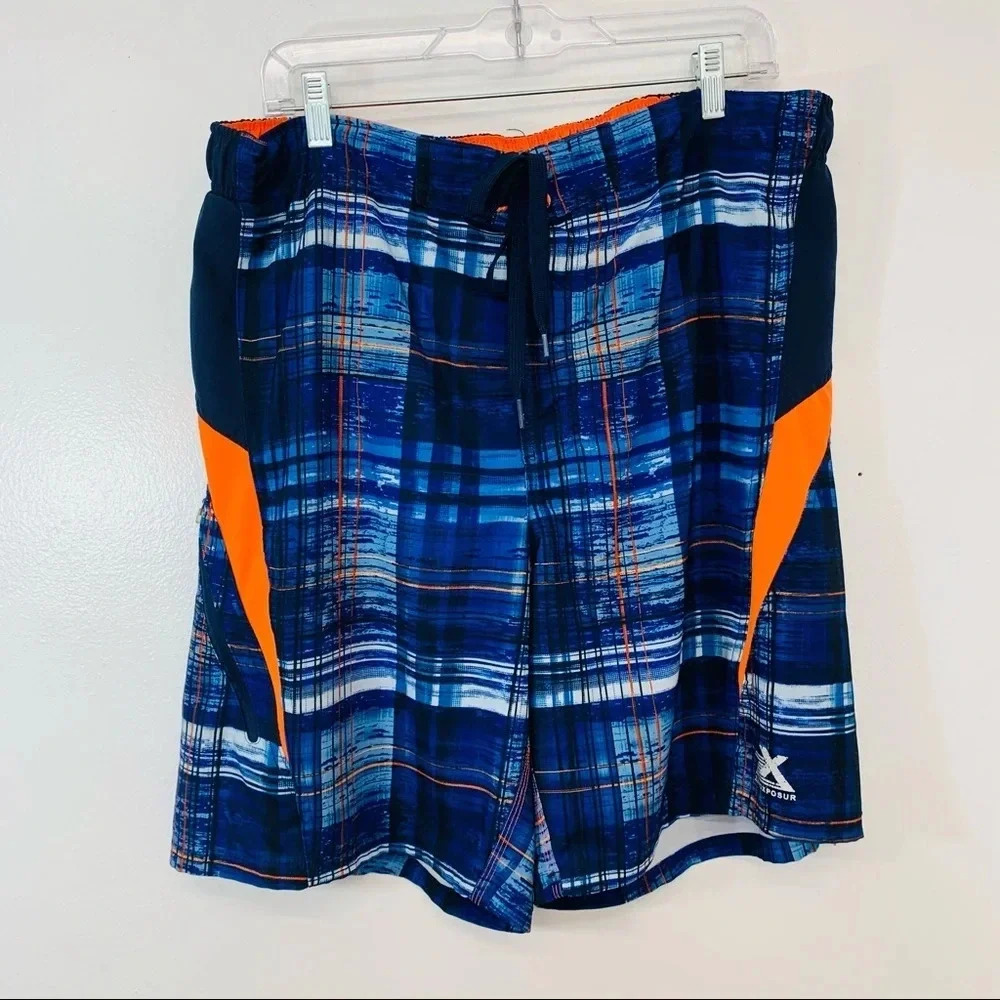 Zeroxposur Swim Shorts Men Size XL  Blue Plaid Brief Tie‎ Front Inseam 9" Pocket